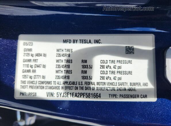 5YJ3E1EA2PF581664 2023 TESLA MODEL Синий Панорамный вид салона 360°
