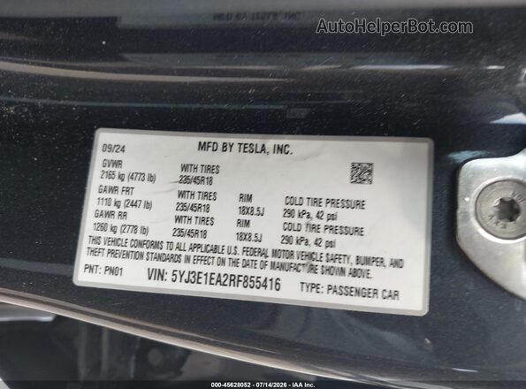 5YJ3E1EA2RF855416 2024 TESLA MODEL 3 Серый Вид подкапотного пространства