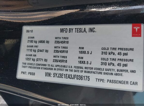 5YJ3E1EA3JF036175 2018 TESLA MODEL 3 Black Widok komory silnika
