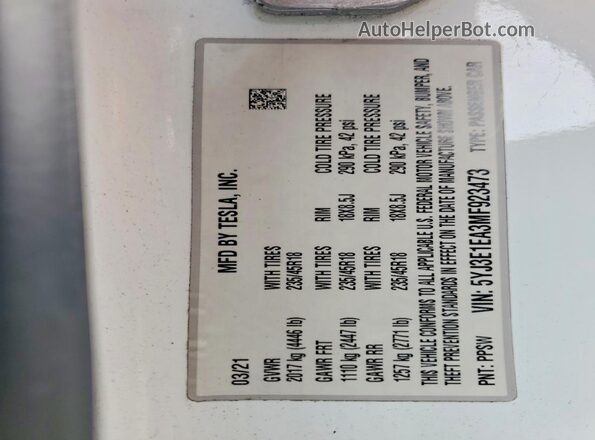 5YJ3E1EA3MF923473 2021 TESLA MODEL Белый Вид наклейки с VIN-кодом