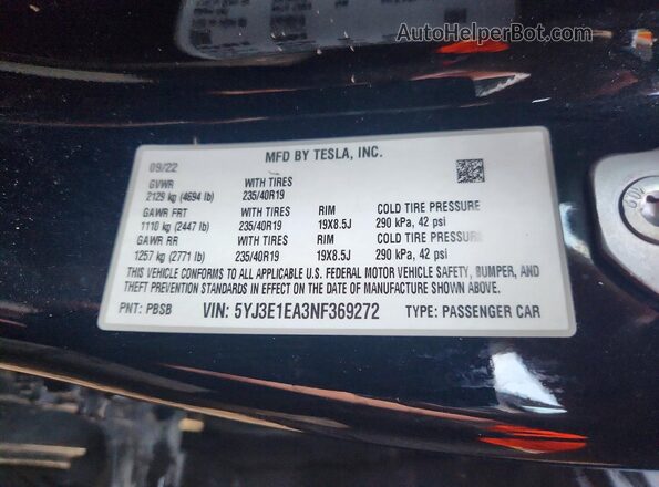 5YJ3E1EA3NF369272 2022 TESLA MODEL Black VIN კოდის სტიკერის ხედი