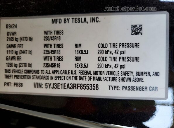 5YJ3E1EA3RF855358 2024 TESLA MODEL Black Vista del compartimento del motor