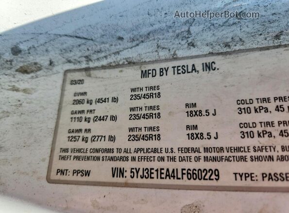 5YJ3E1EA4LF660229 2020 TESLA MODEL White Вид підкапотного простору