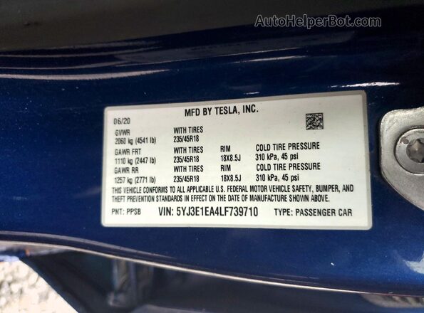 5YJ3E1EA4LF739710 2020 TESLA MODEL Blue Вид підкапотного простору