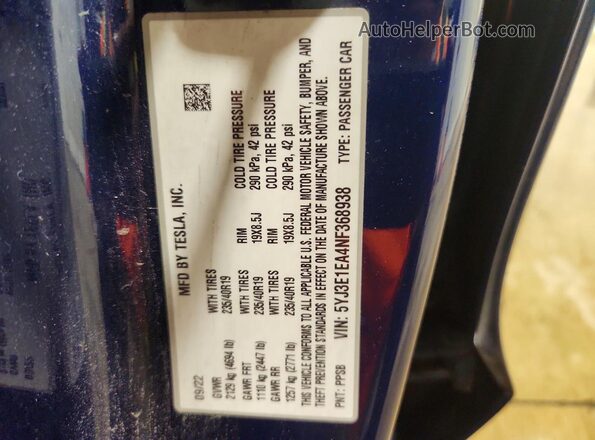 5YJ3E1EA4NF368938 2022 TESLA MODEL Blue Շարժիչի բաժամունքի տեսք