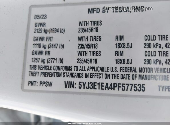 5YJ3E1EA4PF577535 2023 TESLA MODEL 3 White Vista del compartimento del motor