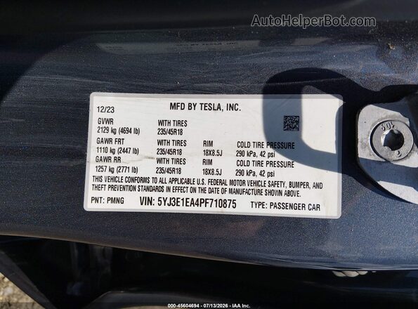 5YJ3E1EA4PF710875 2023 TESLA MODEL 3 Gray Вид підкапотного простору