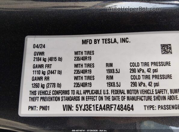 5YJ3E1EA4RF748464 2024 TESLA MODEL 3 Gray Engine compartment view