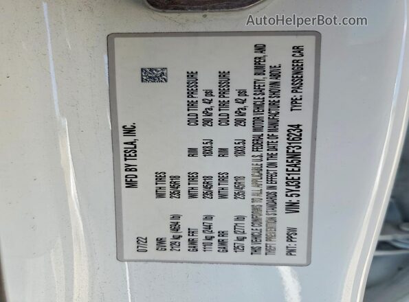 5YJ3E1EA5NF316234 2022 TESLA MODEL White Engine compartment view