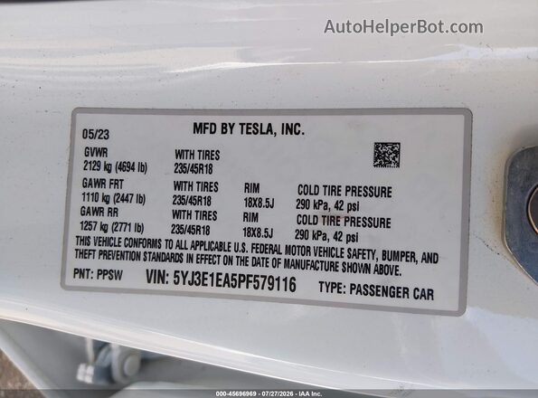 5YJ3E1EA5PF579116 2023 TESLA MODEL 3 White Widok komory silnika