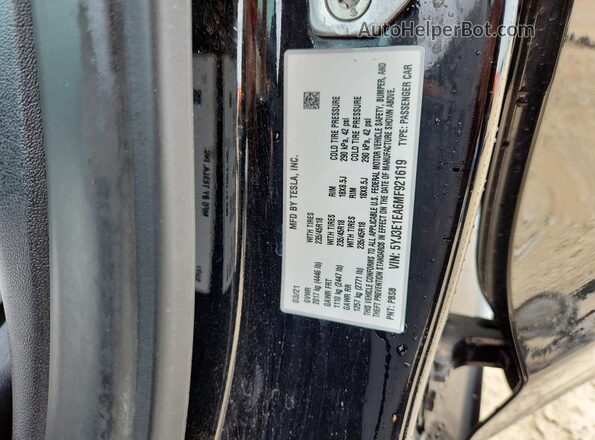 5YJ3E1EA6MF921619 2021 TESLA MODEL Black VIN კოდის სტიკერის ხედი