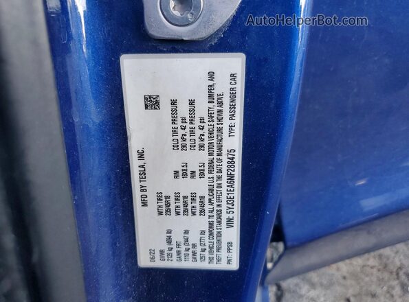 5YJ3E1EA6NF288475 2022 TESLA MODEL Синий Вид подкапотного пространства
