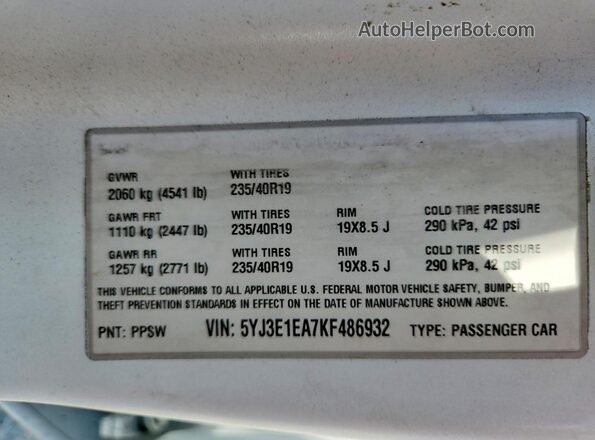 5YJ3E1EA7KF486932 2019 TESLA MODEL Белый Вид подкапотного пространства
