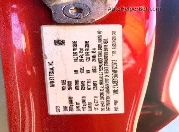 5YJ3E1EA7MF920513 2021 TESLA MODEL Red Շարժիչի բաժամունքի տեսք