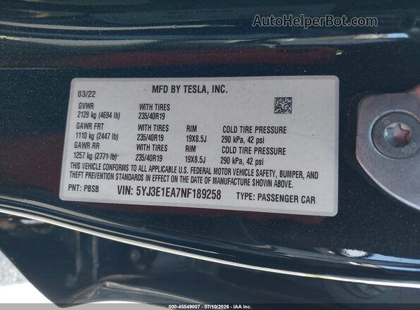 5YJ3E1EA7NF189258 2022 TESLA MODEL 3 Black ძრავის განყოფილების ხედი