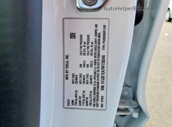 5YJ3E1EA7RF730346 2024 TESLA MODEL Белый Вид подкапотного пространства