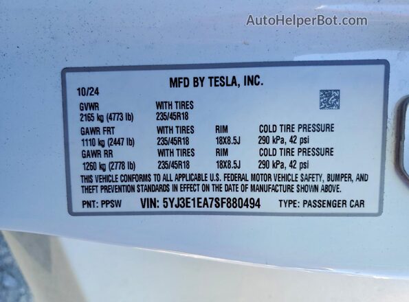 5YJ3E1EA7SF880494 2025 TESLA MODEL White Engine compartment view