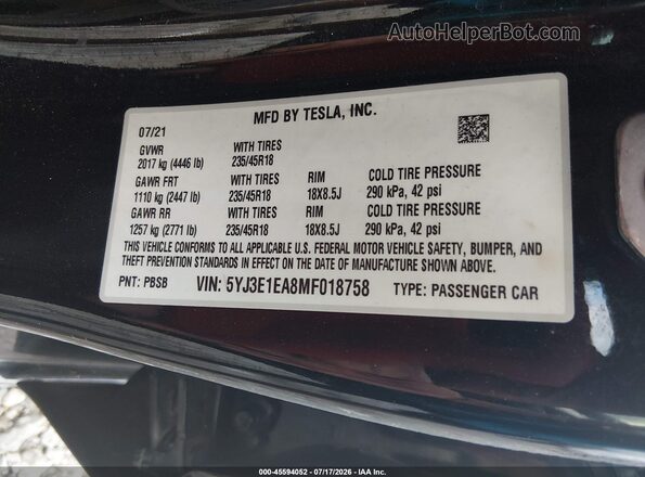 5YJ3E1EA8MF018758 2021 TESLA MODEL 3 Black ძრავის განყოფილების ხედი