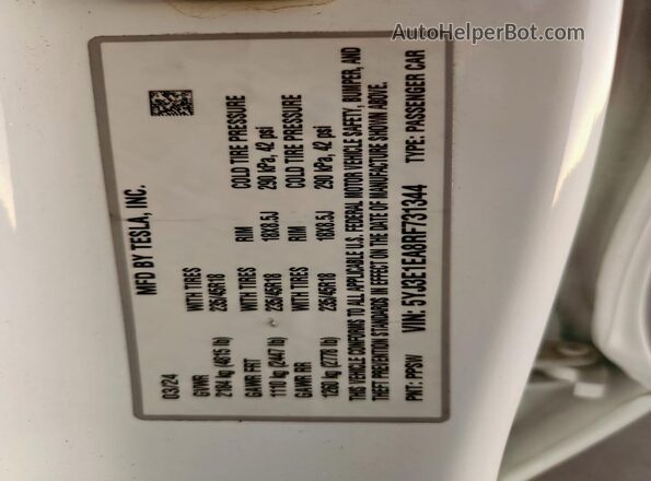 5YJ3E1EA8RF731344 2024 TESLA MODEL White Widok naklejki z numerem VIN