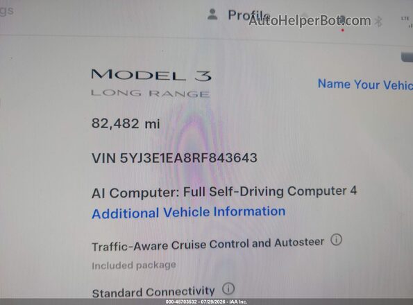 5YJ3E1EA8RF843643 2024 TESLA MODEL 3 Серый Панорамный вид салона 360°