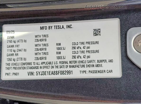 5YJ3E1EA8SF082991 2025 TESLA MODEL Charcoal Widok naklejki z numerem VIN