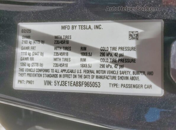 5YJ3E1EA8SF965053 2025 TESLA MODEL Charcoal VIN კოდის სტიკერის ხედი