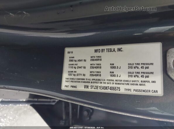 5YJ3E1EA9KF486575 2019 TESLA MODEL 3 Blue Շարժիչի բաժամունքի տեսք