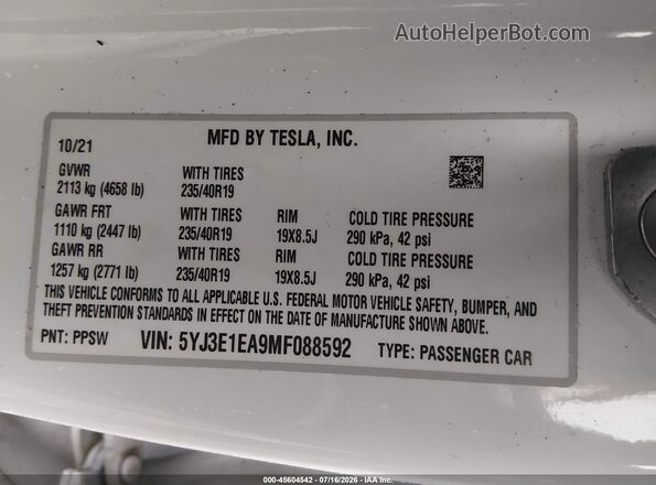 5YJ3E1EA9MF088592 2021 TESLA MODEL 3 White Widok komory silnika