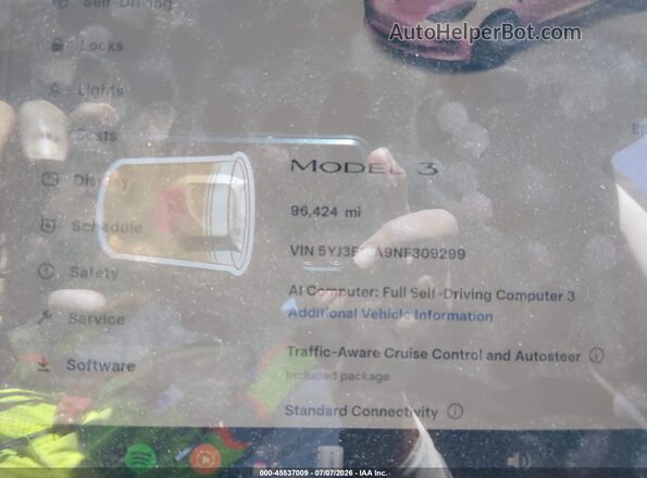 5YJ3E1EA9NF309299 2022 TESLA MODEL 3 Белый Вид задних сидений