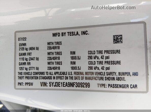 5YJ3E1EA9NF309299 2022 TESLA MODEL 3 Белый Вид подкапотного пространства