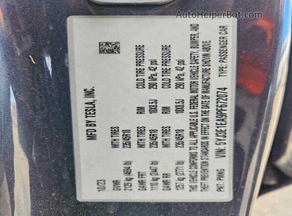 5YJ3E1EA9PF672074 2023 TESLA MODEL Gray Vista de la etiqueta del VIN