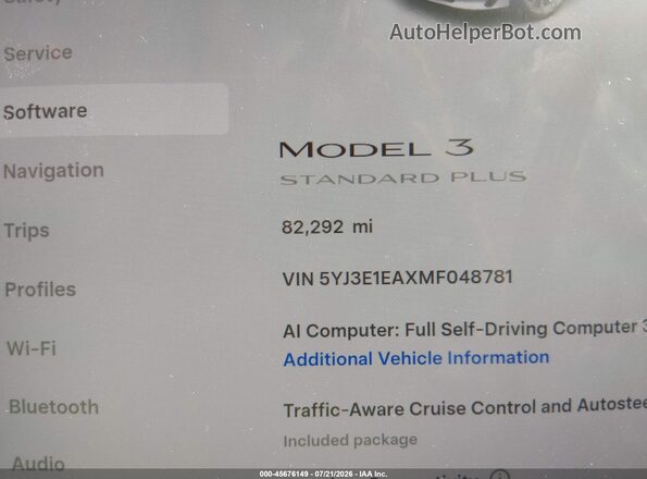 5YJ3E1EAXMF048781 2021 TESLA MODEL 3 White სალონის 360-გრადუსიანი ხედი
