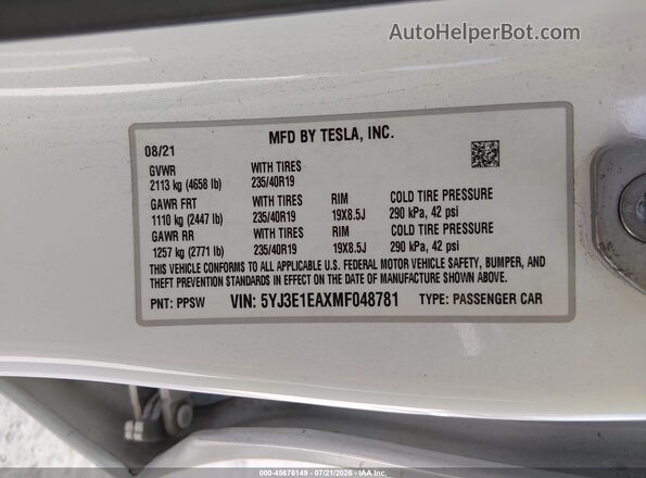 5YJ3E1EAXMF048781 2021 TESLA MODEL 3 White ძრავის განყოფილების ხედი