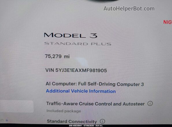 5YJ3E1EAXMF981905 2021 TESLA MODEL 3 White Widok tylnych siedzeń