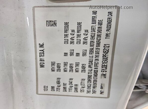 5YJ3E1EAXPF452121 2023 TESLA MODEL White Շարժիչի բաժամունքի տեսք