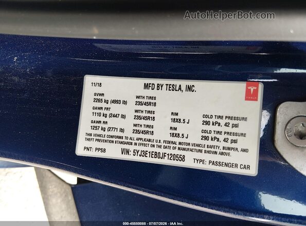 5YJ3E1EB0JF120558 2018 TESLA MODEL 3 Blue Vista del compartimento del motor