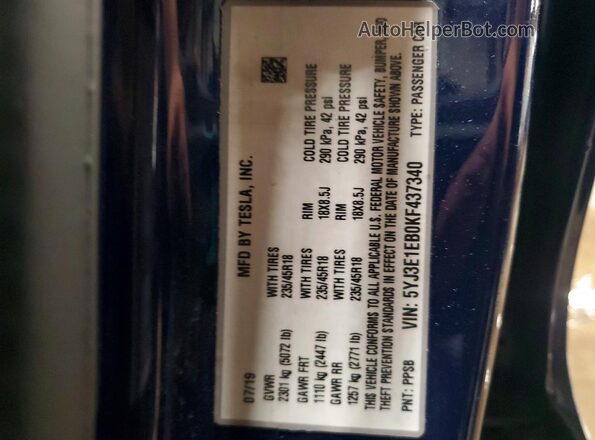 5YJ3E1EB0KF437340 2019 TESLA MODEL Blue Շարժիչի բաժամունքի տեսք
