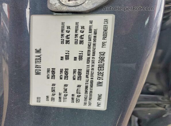 5YJ3E1EB0LF646143 2020 TESLA MODEL Gray ძრავის განყოფილების ხედი