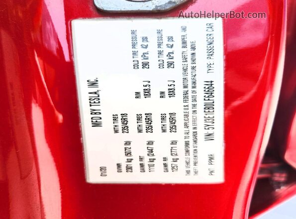 5YJ3E1EB0LF646644 2020 TESLA MODEL Red VIN կոդի պիտակի տեսք