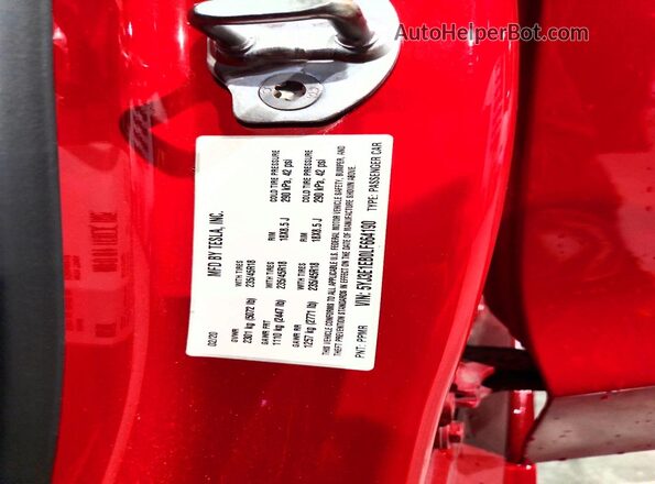 5YJ3E1EB0LF664190 2020 TESLA MODEL Красный Вид наклейки с VIN-кодом