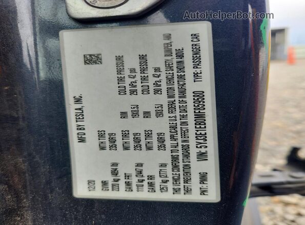 5YJ3E1EB0MF859580 2021 TESLA MODEL Серый Вид наклейки с VIN-кодом