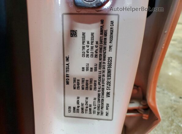 5YJ3E1EB0MF860325 2021 TESLA MODEL Белый Вид наклейки с VIN-кодом