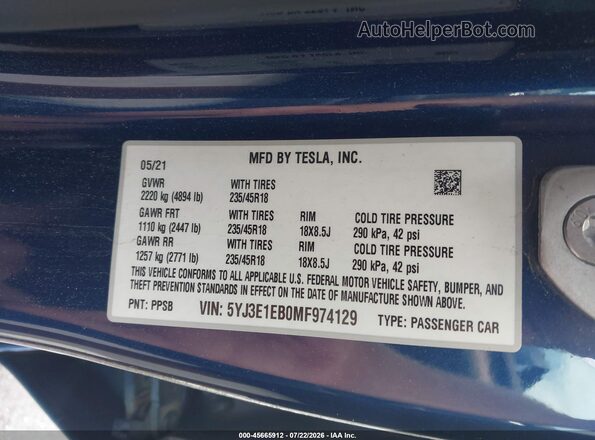 5YJ3E1EB0MF974129 2021 TESLA MODEL 3 Синий Вид подкапотного пространства