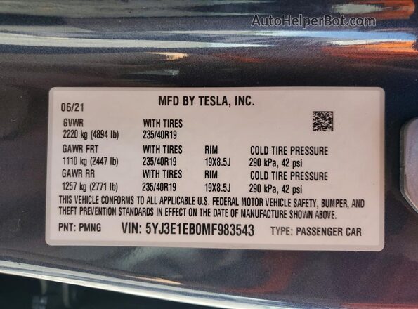 5YJ3E1EB0MF983543 2021 TESLA MODEL Серый Вид подкапотного пространства