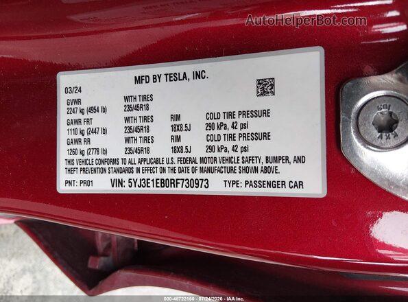 5YJ3E1EB0RF730973 2024 TESLA MODEL 3 Burgundy Engine compartment view