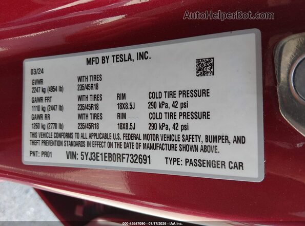 5YJ3E1EB0RF732691 2024 TESLA MODEL 3 Red Widok komory silnika