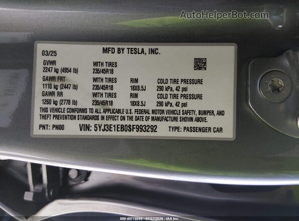 5YJ3E1EB0SF993292 2025 TESLA MODEL 3 Gray Widok komory silnika