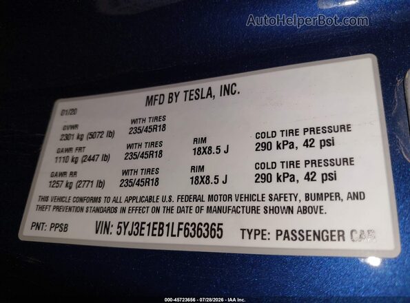 5YJ3E1EB1LF636365 2020 TESLA MODEL 3 Blue Widok komory silnika
