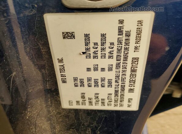 5YJ3E1EB1MF012938 2021 TESLA MODEL Blue VIN կոդի պիտակի տեսք