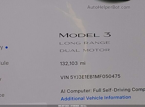 5YJ3E1EB1MF050475 2021 TESLA MODEL 3 White 